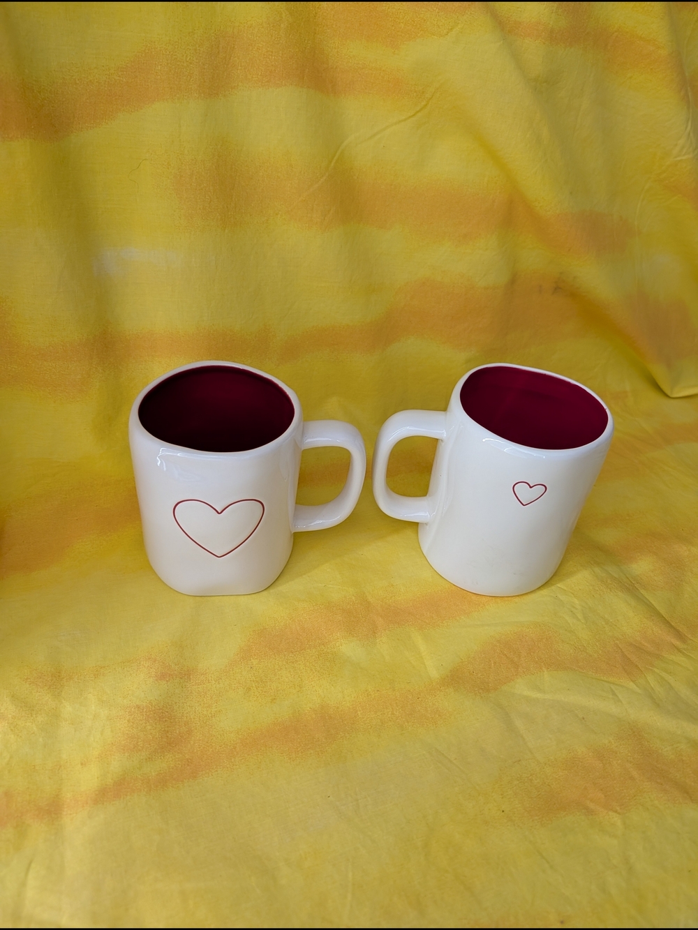 Rae Dunn White Ceramic Mugs with Red Interior and Heart
